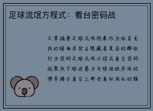 足球流氓方程式：看台密码战