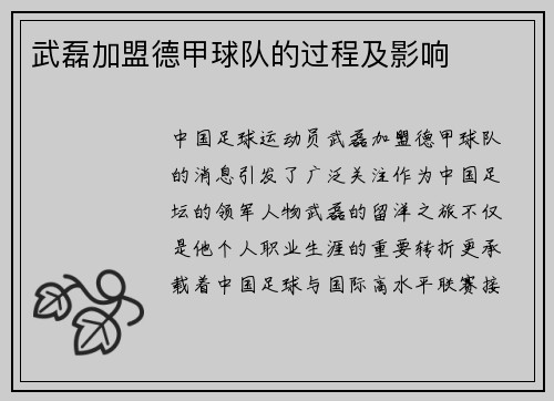 武磊加盟德甲球队的过程及影响